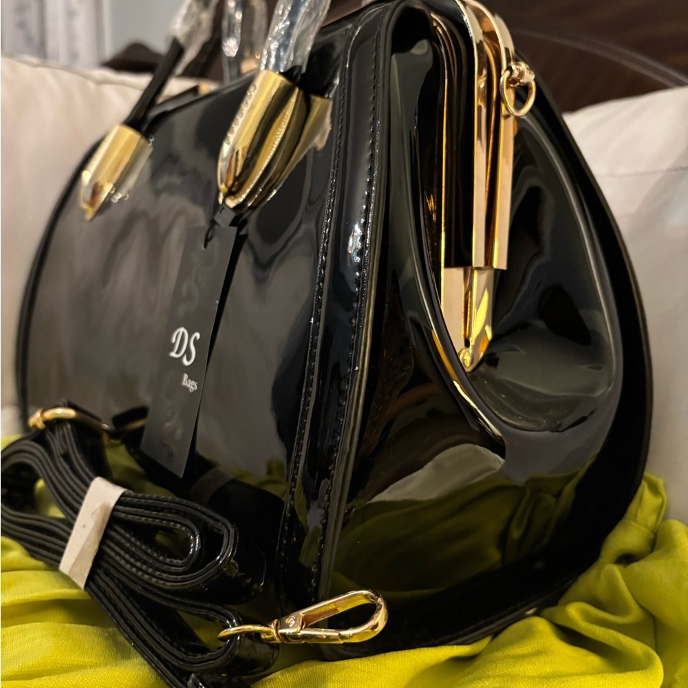 Black and Gold Structured Satchel with Glossy Finish So Classy